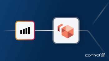 A white square with an orange outline contains a black icon of four vertical bars, increasing in height from left to right, symbolizing signal strength. This square is connected by a thick white line to another white square with a faint orange outline. Inside the second square is a reddish-orange 3D cube icon with one smaller, detached cube floating above its top-right corner. To the right of these two connected squares, two thin white lines extend diagonally upwards and downwards from an invisible point, suggesting a branching or outgoing connection. In the bottom right corner, the word "controlup" is written in white, with three vertical bars to the right of "up," echoing the signal icon. The background is a solid dark blue.