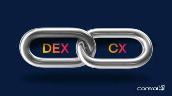 Silver metallic chain link with the letters "DEX" on the left and "CX" on the right. Below the chain is the "controlup" logo. The background is a solid dark blue.