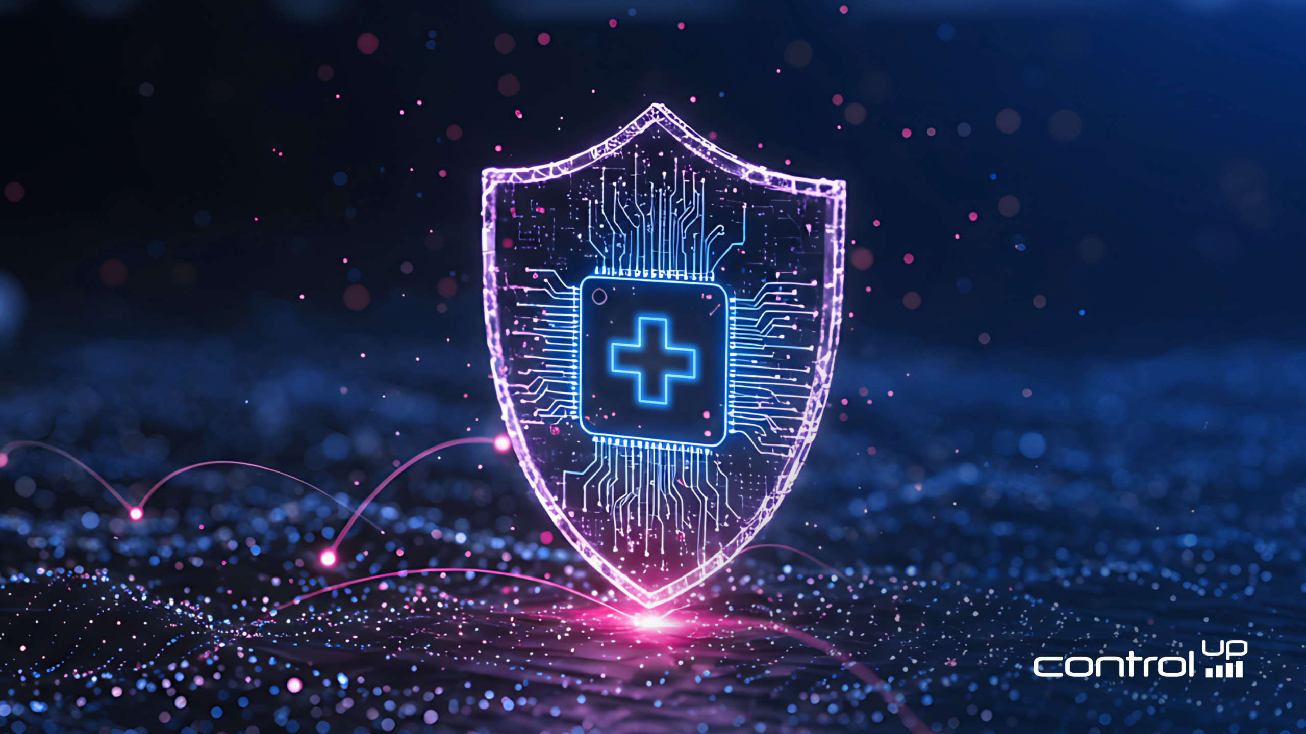 A glowing digital shield made of circuitry with a central medical cross, symbolizing the Digital Immune System and cybersecurity resilience by ControlUp.