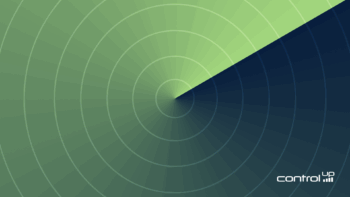 ControlUp background graphic with a radar-like pattern in green and dark blue, representing frictionless compliance and risk reduction.