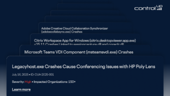 ControlUp Global DEX Findings stack displaying a high-severity alert for Legacyhost.exe crashes affecting HP Poly Lens. Background cards list crash reports for Microsoft Teams VDI, Citrix Workspace, Adobe Creative Cloud, and Microsoft Word.