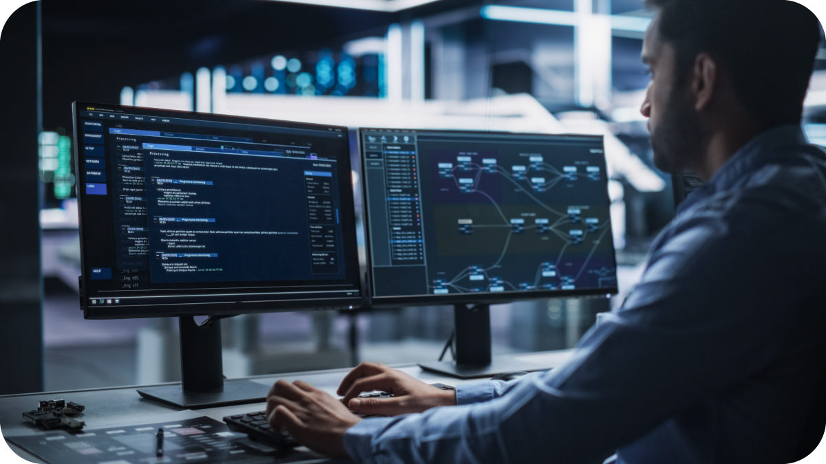 A man with dark hair and a blue button-up shirt sitting at a desk in a low-lit room typing in front of two computer monitors to illustrate an IT professional at work