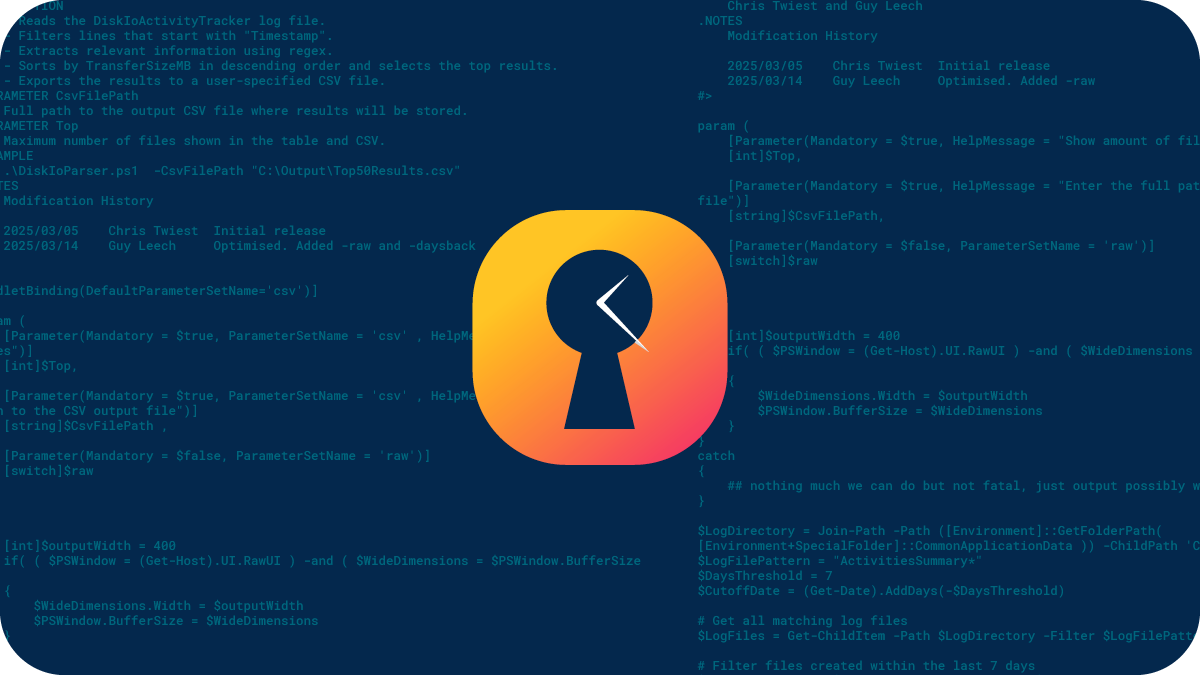 A blended orange and pink keyhole with the white arms of a clock within it, with dark blue computer coding in the background, to illustrate early-access to The ControlUp Innovation Guild's IT process automation tools