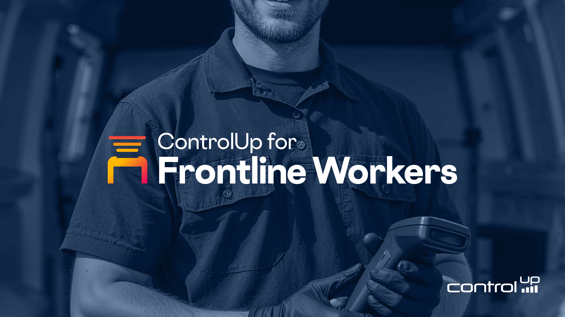 **ControlUp for Frontline Workers** product announcement image showing a frontline worker holding a handheld barcode scanner.