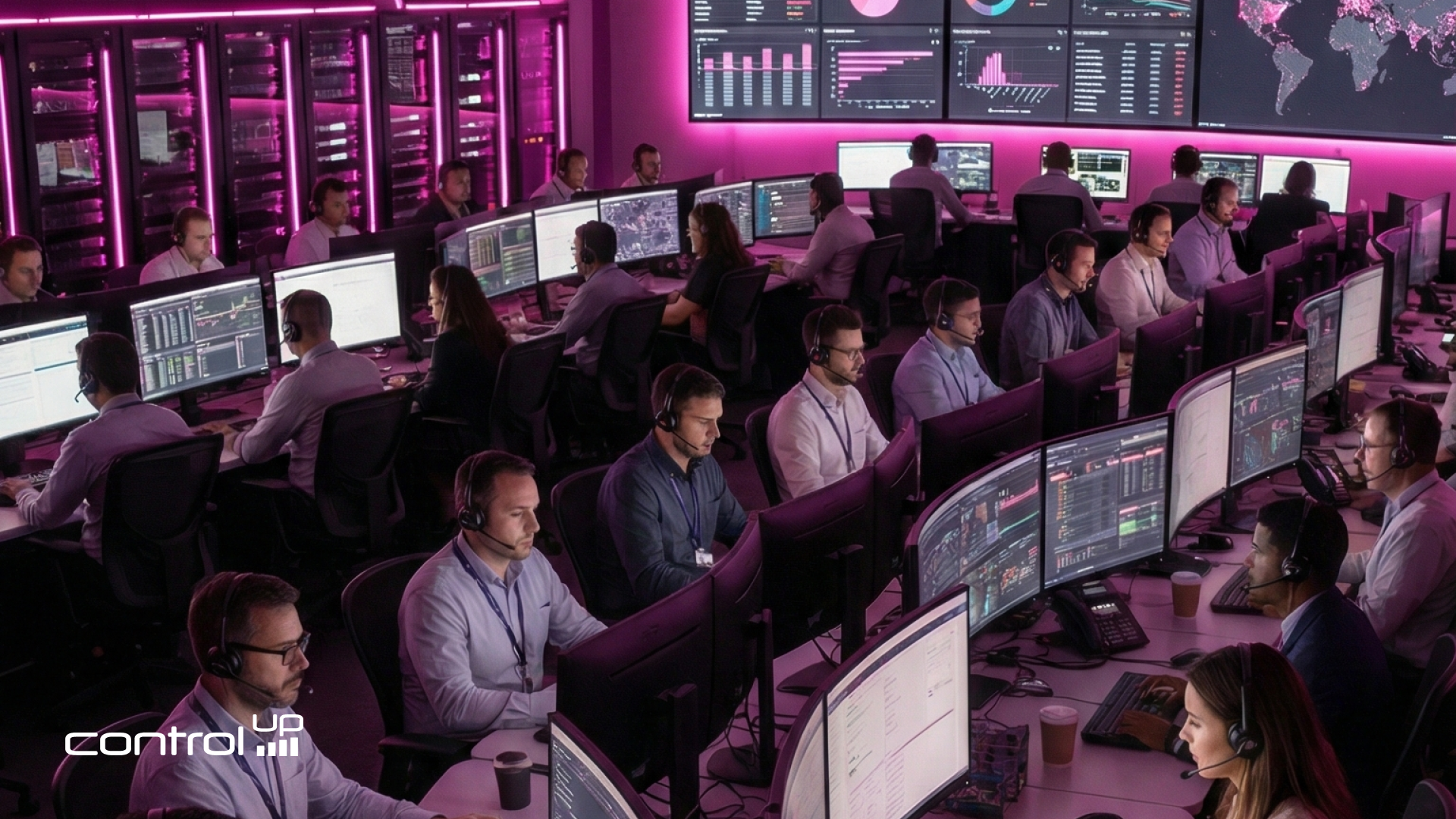 A large-scale Managed Service Provider (MSP) command center with support staff using headsets and multiple screens to monitor Digital Employee Experience (DEX)