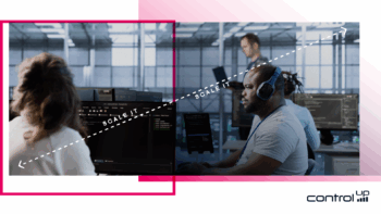 **Split image graphic comparing IT scaling challenges. The left side shows a worker facing a monitor with the text "SCALE IT." The right side shows an IT professional wearing headphones working at a computer with the text "SCALE IT," and the ControlUp logo in the corner. The image represents scaling IT infrastructure.**