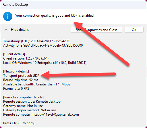 Remote Desktop view when using Shortpath.