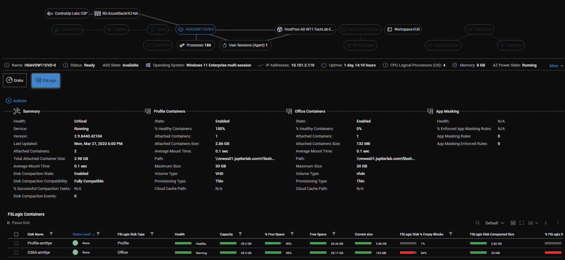 ControlUp Solve showing the status of FSLogix on a machine