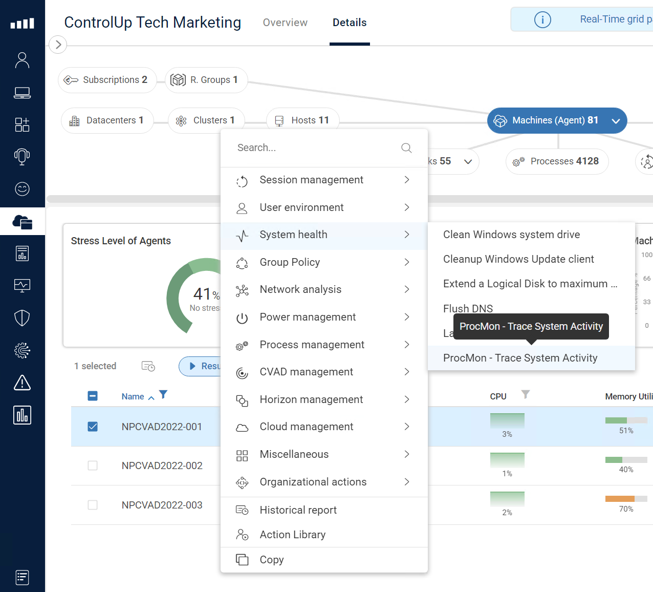 an image showing the controlup interface with an action being executed on a machine to start procmon to trace system activity.