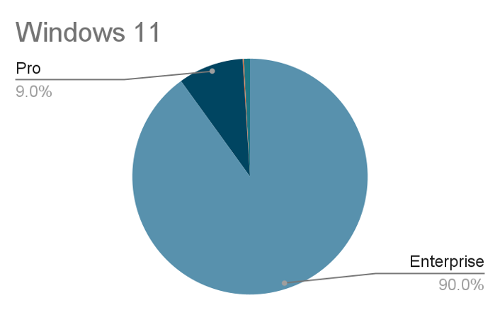 A pie chart titled "Windows 11" showing the distribution of Windows 11 editions. The vast majority, 90.0%, is "Enterprise," indicating its widespread adoption in enterprise IT environments. The "Pro" edition makes up 9.0%, reflecting typical Windows OS edition choices for business operating systems and IT infrastructure management.