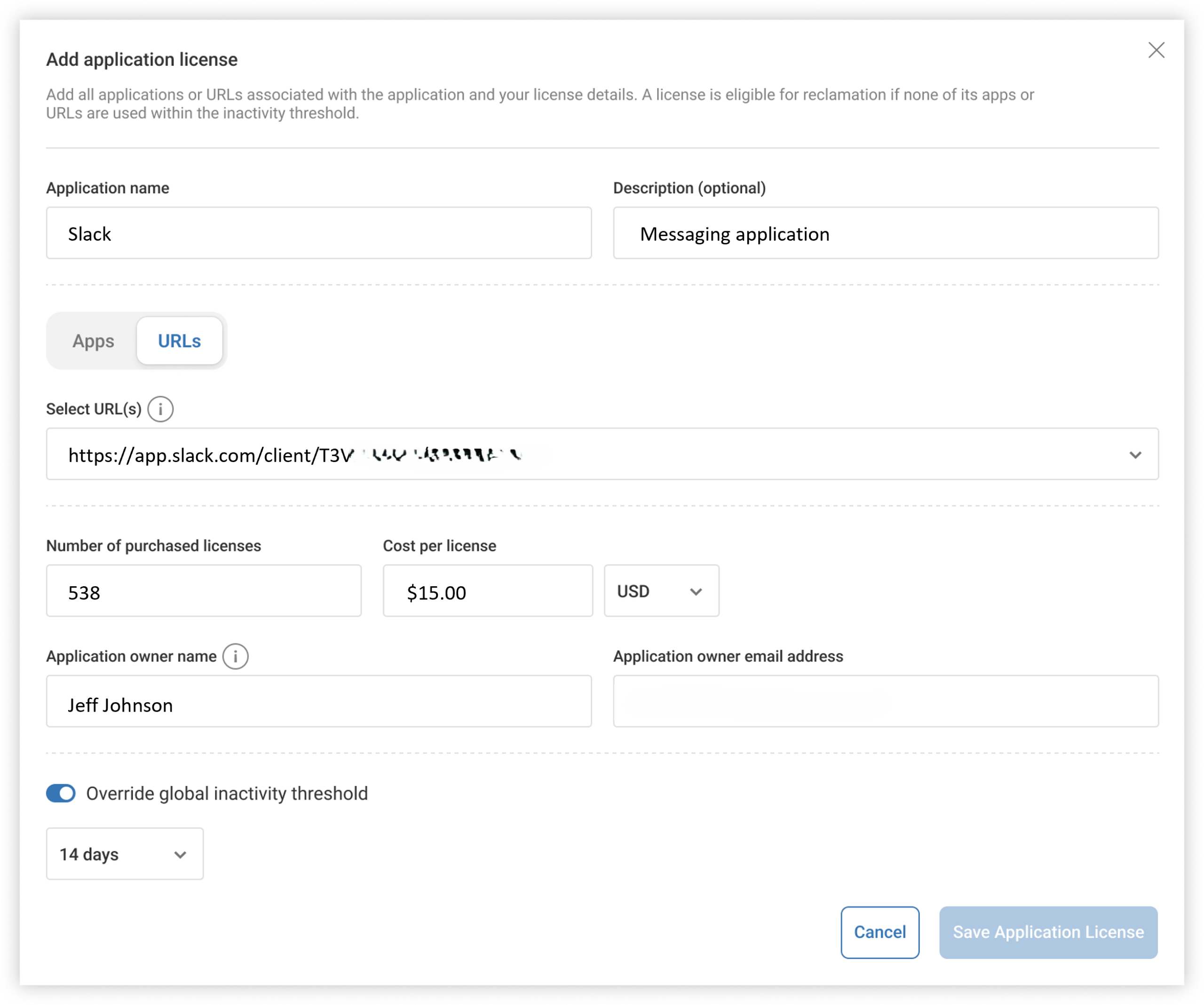 Screenshot of a 'Add application license' digital form from the License Reclamation Dashboard with input fields for application name, URL, cost per license, and owner information.