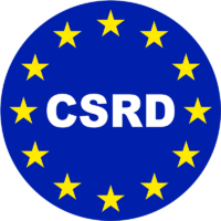 Circular blue logo with 12 yellow stars arranged in a circle, similar to the European Union flag. The white letters **"CSRD"** are prominently displayed in the center. The image is a visual representation of the **Corporate Sustainability Reporting Directive** (CSRD).